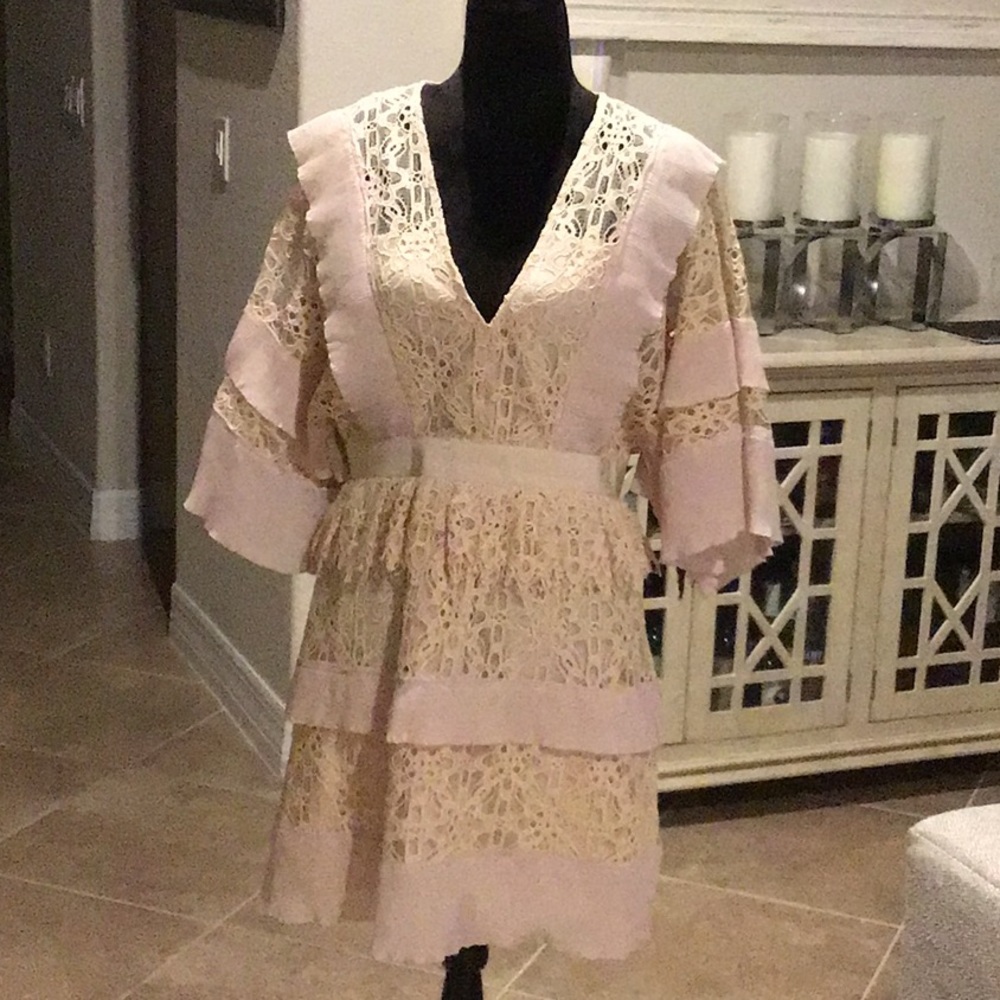 Stevie May back zip dress, cream/blush pink, plunging v, size XL